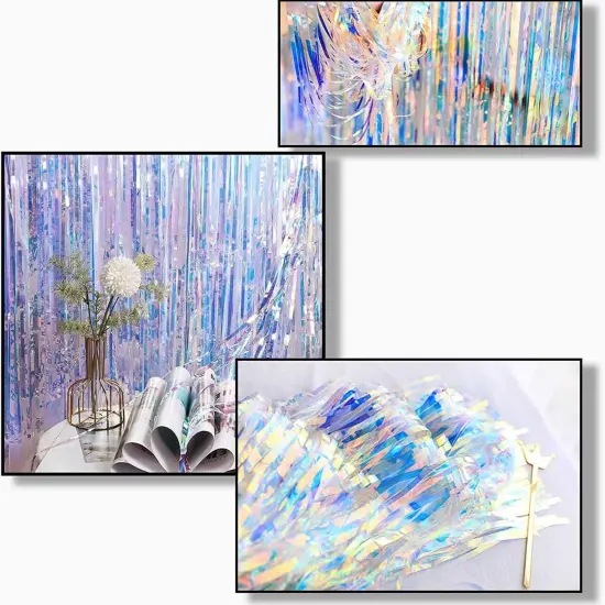 2 Pack Neon Clear Foil Tinsel Curtain(3.2ftx 8.2ft),Iridescent Glitter Metallic Fringe Curtain for Rainbow Party Decorations Backdrop {4}