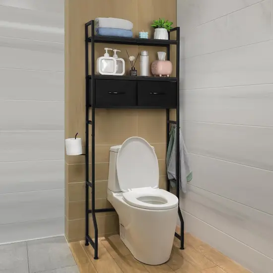 3-Tier Over-The-Toilet Storage Cabinet with Fabric Drawers &ndash; Freestanding Bathroom Organizer, Black Space-Saving Shelf for Bathroom & Laundry Room {6}
