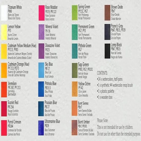 Professional Watercolor Paint Set - 24 Half Pan Highly Pigmented Transparent Water Color Paints with #4 Synthetic Water color Brush, Mixing Palette & Wooden Box Gift Watercolor Kit {4}