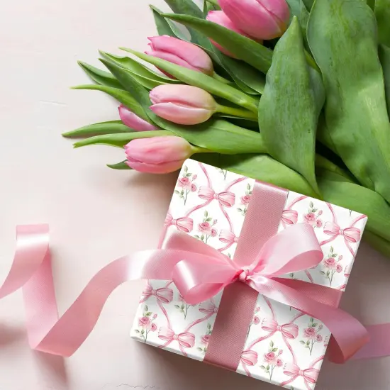 6 Sheets Spring Pink Bow Flowers Wrapping Paper - Not Roll - Watercolor Pink Bow Gift Wrap Paper Folded Flat Coquette Bowknot for Valentine's Day Baby Shower DIY Crafts, 19.7 x 27.6 Inch {1}