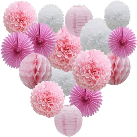 16pcs Pink Party Decorations Paper Pom Poms Honeycomb Balls Lanterns Tissue Fans for Birthday Wedding Baby Shower Graduation Valentine Party Supplies {1}