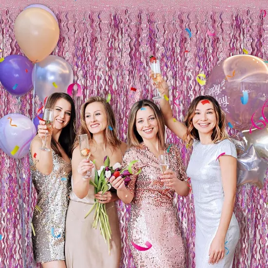 Pink Streamers Fringe Backdrop Tinsel Foil Fringe Curtains Wavy Backdrop for Parties Sparkle Metallic Wavy Foil Fringe Backdrop Curtain Photo Booth Props for Birthday Wedding {3}