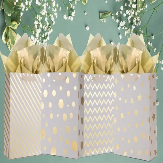12PCS Metallic Gold Christmas Gift Bags Bulk with Handle, Large 12.5 x10 Inch, Assorted Modern Geometric Paper Gift Wrap Bags {3}