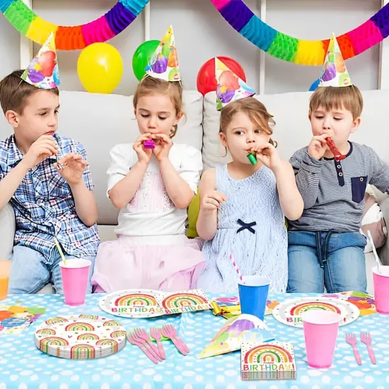 48Pcs Rainbow Birthday Decorations Colorful Boho Rainbow Tableware Set Disposable Plates Napkins Forks Serves 16 Bohemian Retro Rainbow Happy Birthday Party Decorations {5}