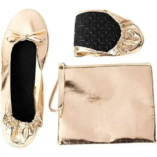 Gold Foldable Ballet Flats for Women, Roll Up Flats with Zipper Pouch, US Size 10-11 {1}