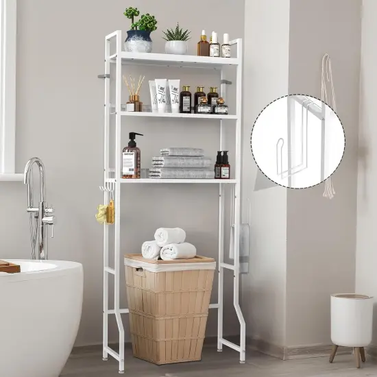 3-Tier Industrial Over-The-Toilet Storage Shelf | Freestanding Bathroom Organizer with Toilet Paper Holder & 4 Hooks | Heavy-Duty Metal Wire Rack, Space-Saving Brown Design {1}