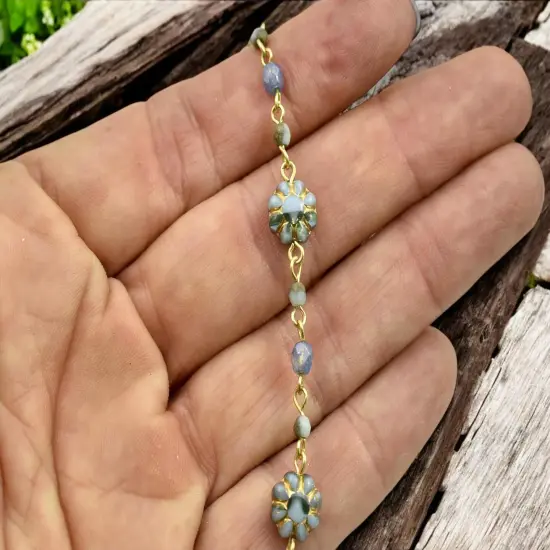 Blue Aqua Cactus Flower and Fire Polish Czech glass beaded chain w/gold links {4}