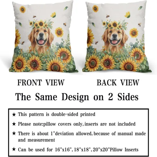 Sunshine Dog Pillow Covers 18x18in Set of 2 Yellow Sunflower Golden Retriever Puppy Throw Pillowcases Summer Bees Floral Cotton Linen Sofa Couch Patio Bedroom Cuchion Cover Decor {4}