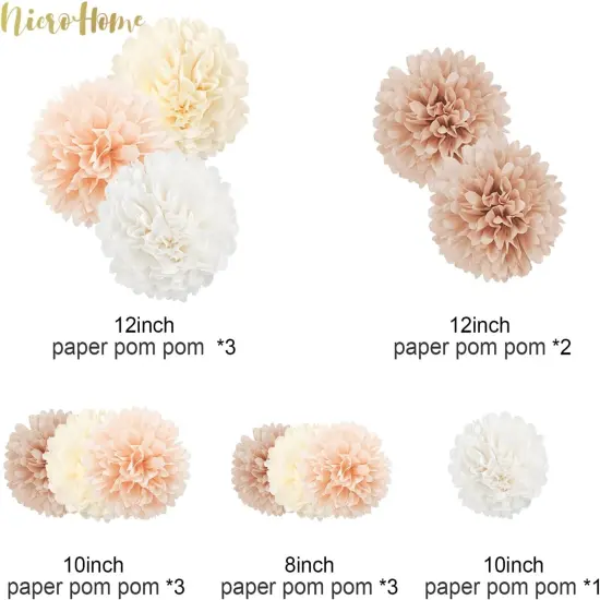 Wedding Decorations, 12 PCS Ivory Champagne Tissue Paper Pom Poms, Creamy White Paper Flowers for Bridal Showers, Engagement Receptions, Bachelorette, Birthday, Boho Party Supplies {3}