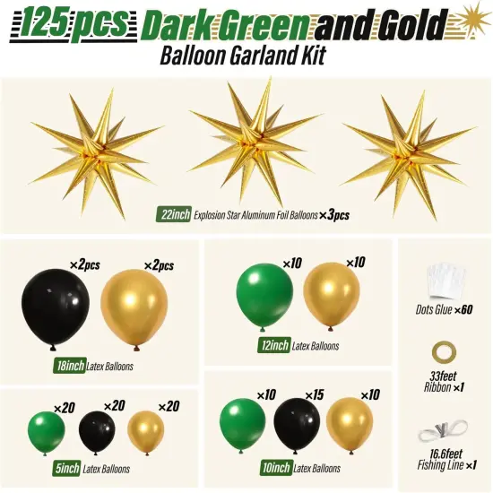 Green and Gold Black Balloon Arch Kit with 3pcs Star Balloon, Emerald Forest Dark Green Black Metallic Gold Balloons for Birthday Football Graduation Wedding New Years Party Decoration {2}