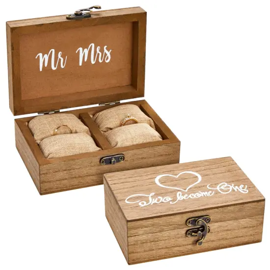 Juvale Wooden Two Become One Ring Bearer Box with Two Become One Design - Brown Burlap Pillow Lining - Wedding Ring Box for Ceremony, Anniversaries, and Marriage Renewal (6 x 4 x 2 In) {6}
