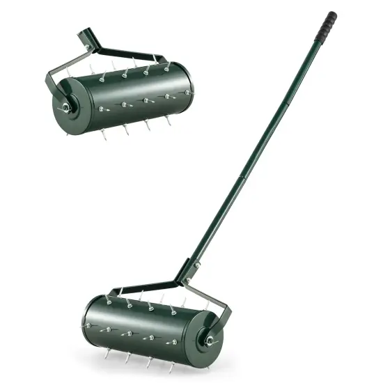 Green Galvanized Steel Lawn Aerator with Spikes, Sand-Filled Drum and Detachable Handle {1}