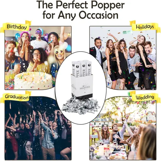 12" Biodegradable Confetti Cannons | 6 Pack | Silver Mylar Poppers for Weddings, Birthdays & Events | Air-Powered, Safe & Easy to Use | Shoots 25 Feet for Indoor & Outdoor Celebrations {2}