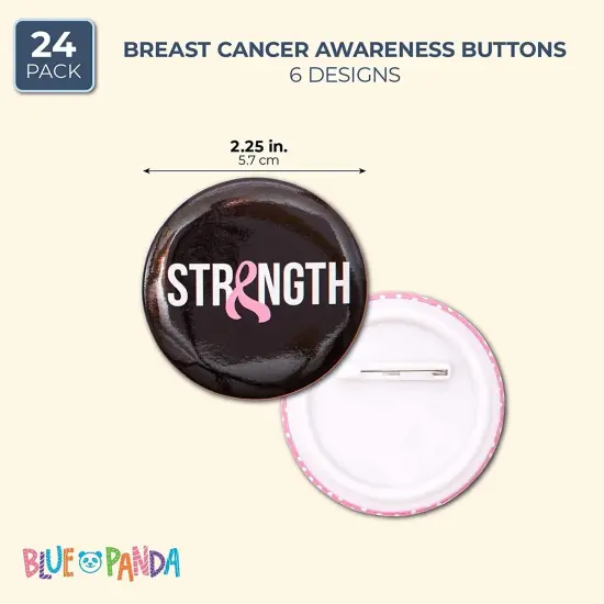 24 Pack Breast Cancer Awareness Pins Bulk, Black & Pink Round Buttons Accessories, 6 Designs, 2.25 in {2}