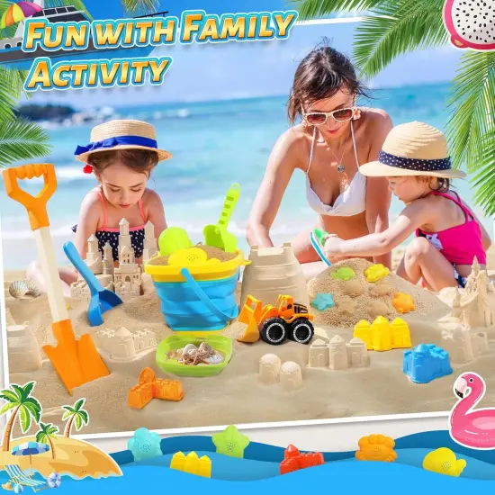 Beach Sand Toys for Kids with Collapsible Bucket and Mesh Bag, Toddlers Filter Sand Scooper Mesh Shovel Cover for Collecting Shells, Castle Molds, 16 Pcs Beach Essentials Toys for Summer Outdoor Beach {5}