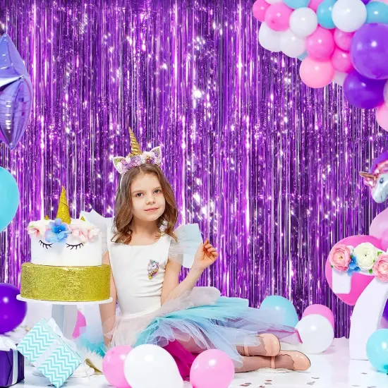 2 Pack Purple Metallic Tinsel Foil Fringe Curtains, Door Streamers Photo Booth Backdrop for Birthday Party, Tinsel Curtain Backdrop for Baby Shower Bachelorette Christmas Party Decorations {3}