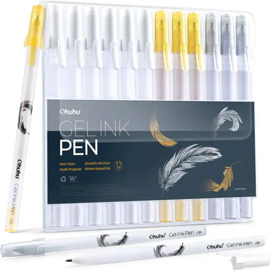 Ohuhu Gold Silver White Gel Pens: 12 Pack Extra Fine Point Pens Opaque Gel Ink Pens Smooth White Ink Pens for Highlight Black Paper Art Drawing Sketching Scrapbook Illustration Bullet Journal - Leahi {1}