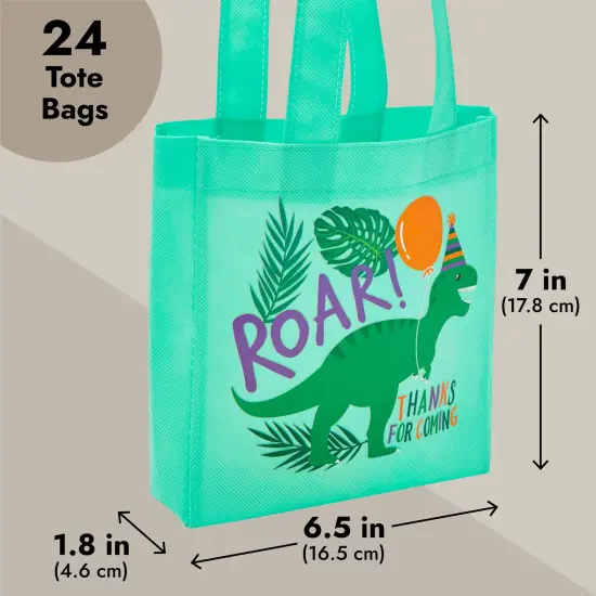 BLUE PANDA 24-Pack Small Dinosaur Goodie Bags with Handles for Kids Birthday - Reusable Non-woven Dino Tote for Goodie Favors and Treats - 6.5 x 7 x 1.8 In, Ages 3-14 Green {4}