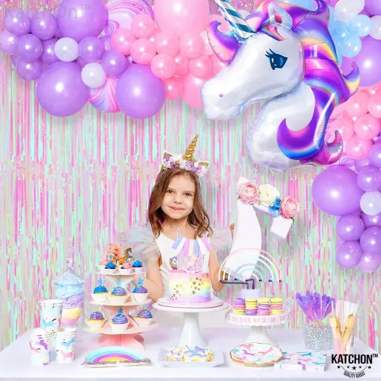 XtraLarge Foil Iridescent Backdrop Curtain - 3.2x8 Feet, Pack of 2 | Pink Tinsel Fringe Curtain, Ramadan Decorations for Home | Iridescent Streamer Backdrop | Unicorn Birthday Decorations {2}