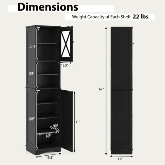 67 Inch Tall Freestanding Bathroom Storage Cabinet with 5 Adjustable Shelves and 2 Open Compartments Black {2}