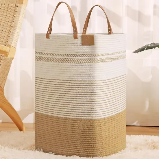 Large Laundry Hamper &ndash; 75 L Tall Woven Cotton Storage Basket with Leather Handles, Slim Dirty Clothes Hamper, Decorative Storage Basket {1}