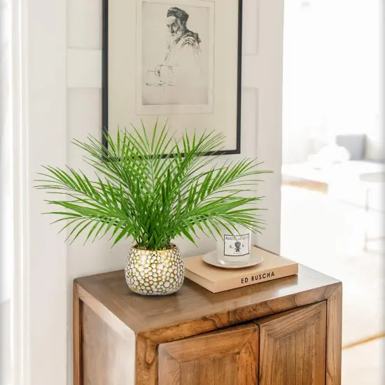 Fake Plants 15'' Faux Palm Plant in Gold-White Pot Realistic Artificial Plants Indoor for Home Farmhouse Centrepieces Wedding Decorations {4}