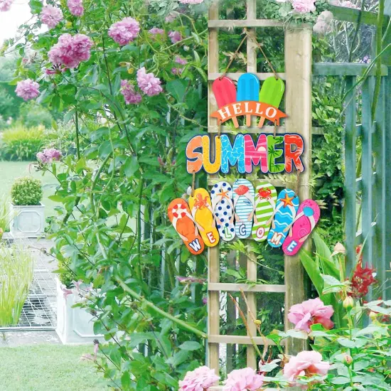 Summer Door Wreath Flip Flop Hanging Sign Ice Lolly Welcome Sign Rustic Wood Wreath for Front Door Outside Summer Home Decorations {3}