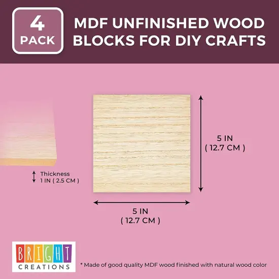 Bright Creations Unfinished MDF Wood Blocks for Crafts, 1 In Thick Wooden Square Blocks (5x5 In, 4 Pack) Brown {6}