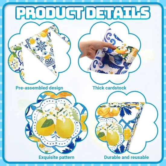 5 Pcs Blue Tiles Lemon Decor Lemon Bunting Banners Blue Tiles Paper Pennant Garlands Lemonade Hanging Triangle Flags for Wedding Birthday Bridal Shower Bachelorette Party Decorations {3}