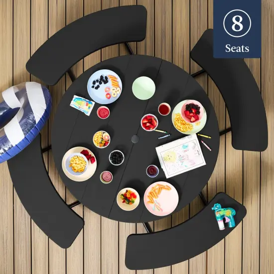 Best Choice Products 8-Person Circular Outdoor Picnic Table w/ 4 Benches, Umbrella Hole, 2000lb Capacity Black {3}