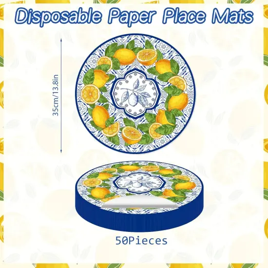 50 Pack Lemon Paper Placemats Disposable 50 Pack 13.7 Inch Cyan Blue Tiles Lemon Fruit Round Place Mats Summer Table Mats for Kitchen Dining Party Decoration {2}