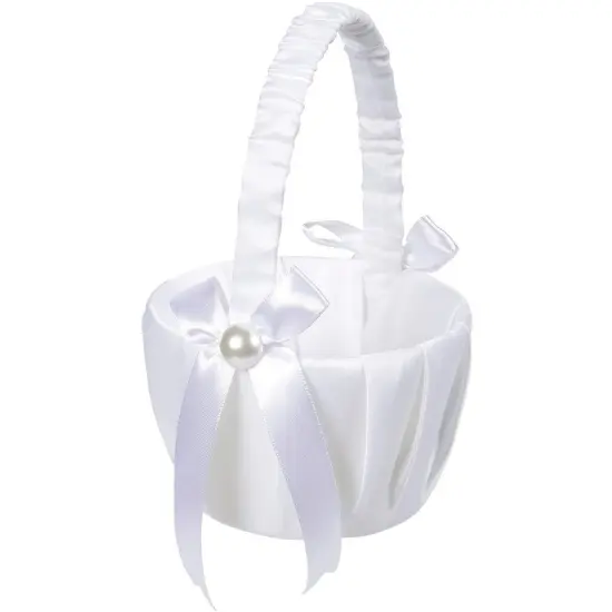 White Flower Girl Basket with Satin Bowknot & Pearl Design 8 x 5.2 x 6 Inch, Flower Petal Basket Ideal for Wedding Party, Elegant Ceremony Accessories, For Ages 3-4 {1}