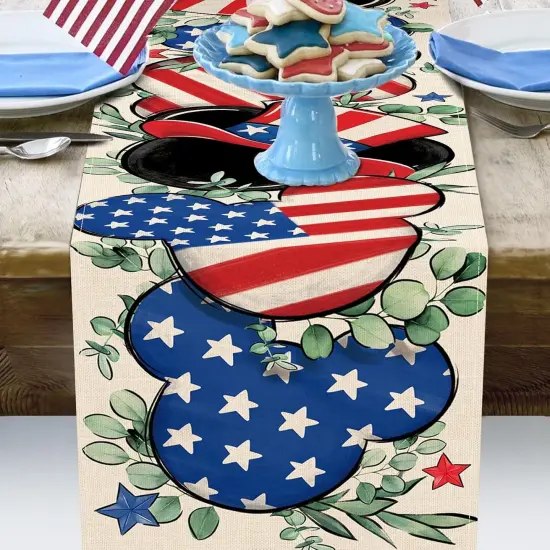 4th of July Patriotic Table Runner, America Eucalyptus Leaves Stars Stripes Kitchen Dining Table Decoration, American USA Burlap Indoor Outdoor Home Decor Party Supply 13x72 Inches {5}