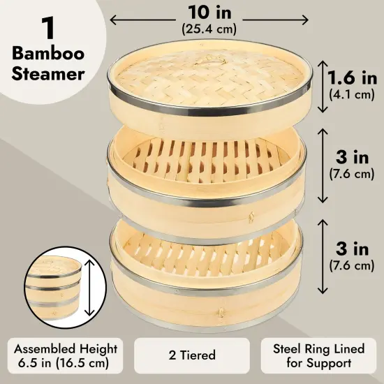 2-Tier 10 Inch Bamboo Steamer Basket with Steel Rings - Large Capacity Dumpling, Vegetable Steamer Basket (10x6.5x10 In) Brown {3}