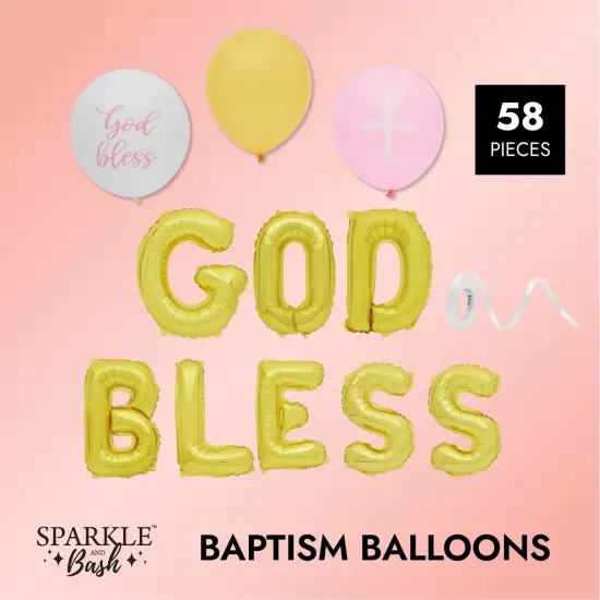 God Bless Banner Balloons for Girls Baptism Decorations, First Communion (12-16 In, 58 Piece Set) Pink {3}