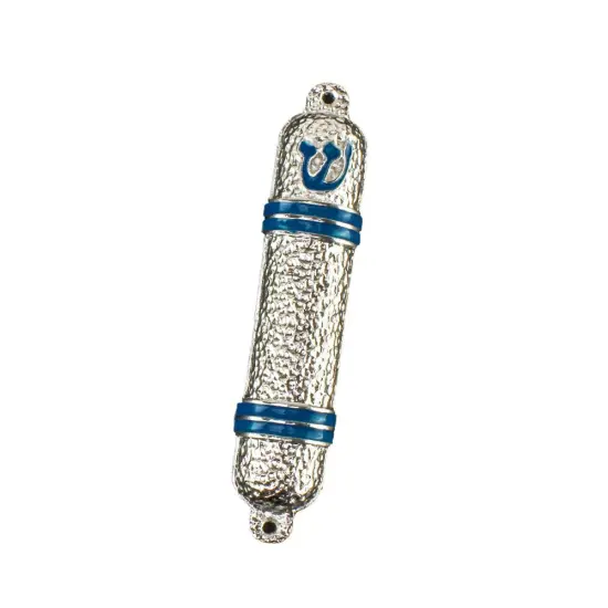Metal Mezuzah Case Silver with Blue lines {1}