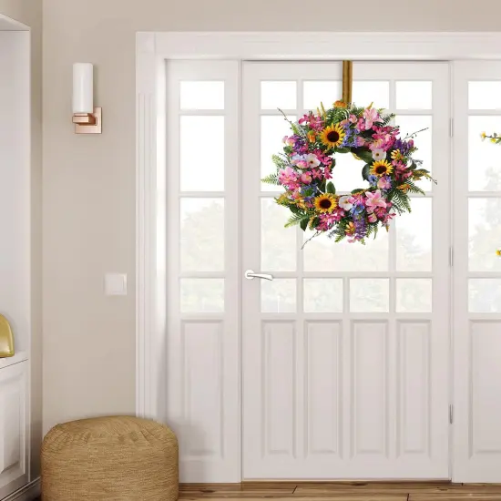 20-22 Inch Summer Floral Wreath Fake Silk Yellow Sunflowers Pink Lily Wild Flowers Floral Wreath with Green Fern Leaves {4}