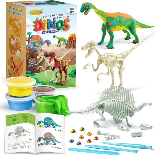 Air Dry Clay Dinosaur Craft Kit for Kids, Build and Design Your Own Dinosaurs with Modeling Clay, 3 Dinosaur Fossil Skeletons, Gifts for Boys and Girls Ages 6 & Up {1}