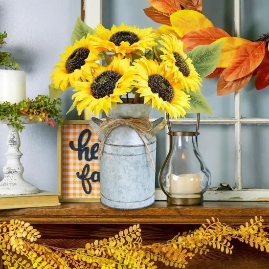 Artificial Sunflowers in Rustic Galvanized Metal Milk Vase 12" Tall Farmhouse Centerpiece Yellow Silk Sunflower Stems Floral Arrangements for Country Fall Wedding Home Kitchen Table D&eacute;cor {4}