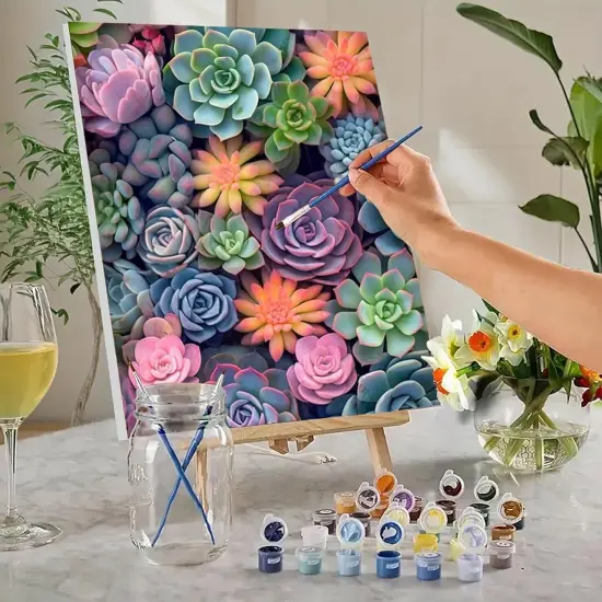 Paint by Numbers Kit for Adults Beginners 8Wx12L inch Canvas Pictures with Framed Drawing Painting Works with Wooden Triangle Easel Acrylic Pigment Succulents {2}