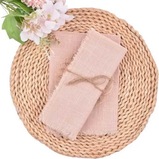 Pearl Pink 6 Pack Handmade Cloth Napkins Cotton Linen Napkins with Fringe Rustic Bulk Dinner Napkins for Wedding Party Baby Shower Table Decor {1}
