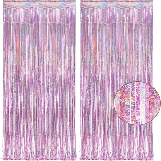 Pink Tinsel Curtain Party Backdrop - GREATRIL Foil Fringe Curtain Lilac Pink Party Streamers for Princess Bachelorette Euphoria Theme Party Decorations - 2 Packs {1}