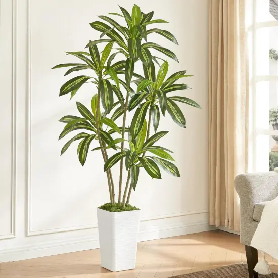 6FT Artificial Dracaena Silk Tree with White Planter - Real Touch Fake Plant for Home & Office Decor, Faux Yucca Indoor Floor Tree {1}