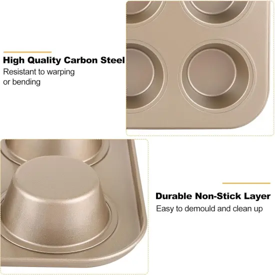 3 Pack Muffin Pan 6 Cups, Nonstick Cupcake Pan for Baking, Carbon Steel Muffin Tin Cupcake Baking Tray for Oven - Gold {3}
