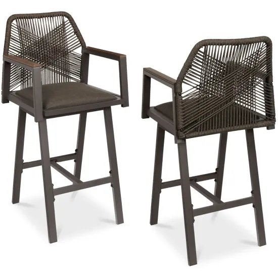 Best Choice Products Set of 2 Indoor/Outdoor Aluminum, Woven Rope Swivel Barstools w/ Armrests Brown/Mocha {1}