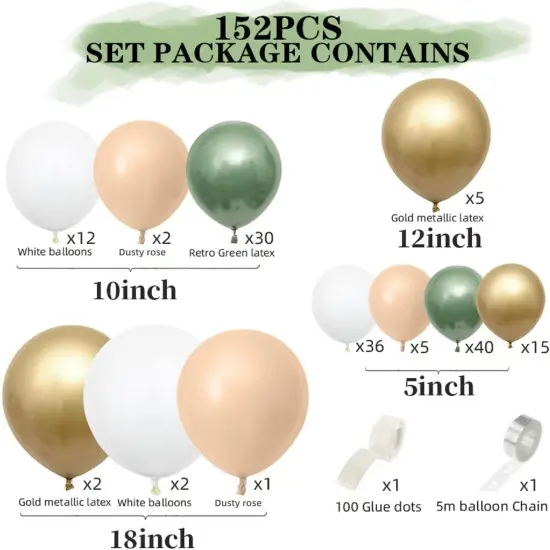 152PCS Sage Green Balloon Garland Arch Kit Green and Gold Balloon Garland Kit Retro Green and White Latex Balloons Set for Wedding Birthday Party Baby Shower Decoration {2}