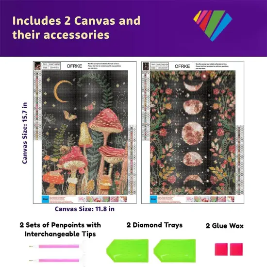 2-Piece Diamond Painting Kits for Adults and Kids，5D DIY Full Drill Round Art Gems Mushroom Forest Diamond Art Perfect for Home Wall Deco Diamond Decor 12"x16" {3}