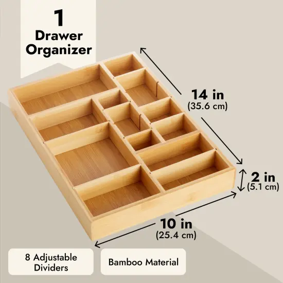 Bamboo Drawer Organizer Tray with 8 Adjustable Dividers for Kitchen Utensils, Cutlery (14 x 10 x 2 In) Brown {4}