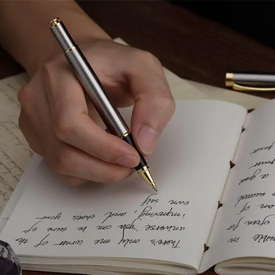 Ballpoint Pens, Stunning Silver Chrome Metal Pen with Golden Trim, Best Ball Pen Gift Set for Men & Women, Professional, Executive, Office, Nice Pens-Gift Box with 0.5mm Extra Black Refill {5}