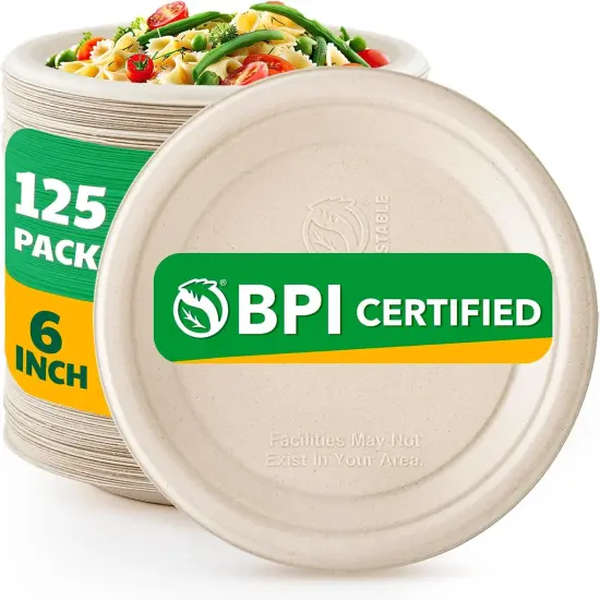 125 Count Compostable Paper Plates, 6 Inch Heavy Duty Disposable Plates by Biodegradable Bagasse, Dessert Plates Bulk for Party | Microwave-Safe | Soak-Resistant, Cut Resistant {1}